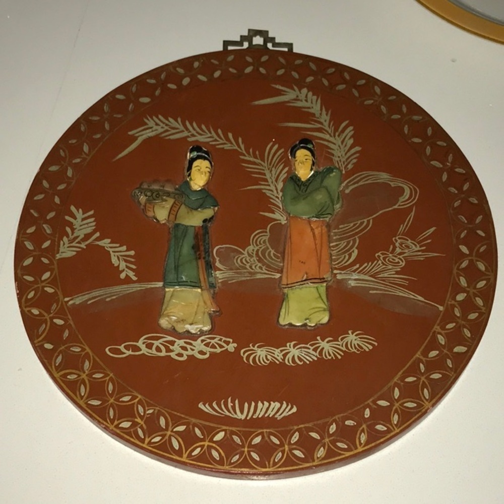 Asian Wall Plaque Mother Of Pearl/Stone Women W/ Kimonos Decorative Art